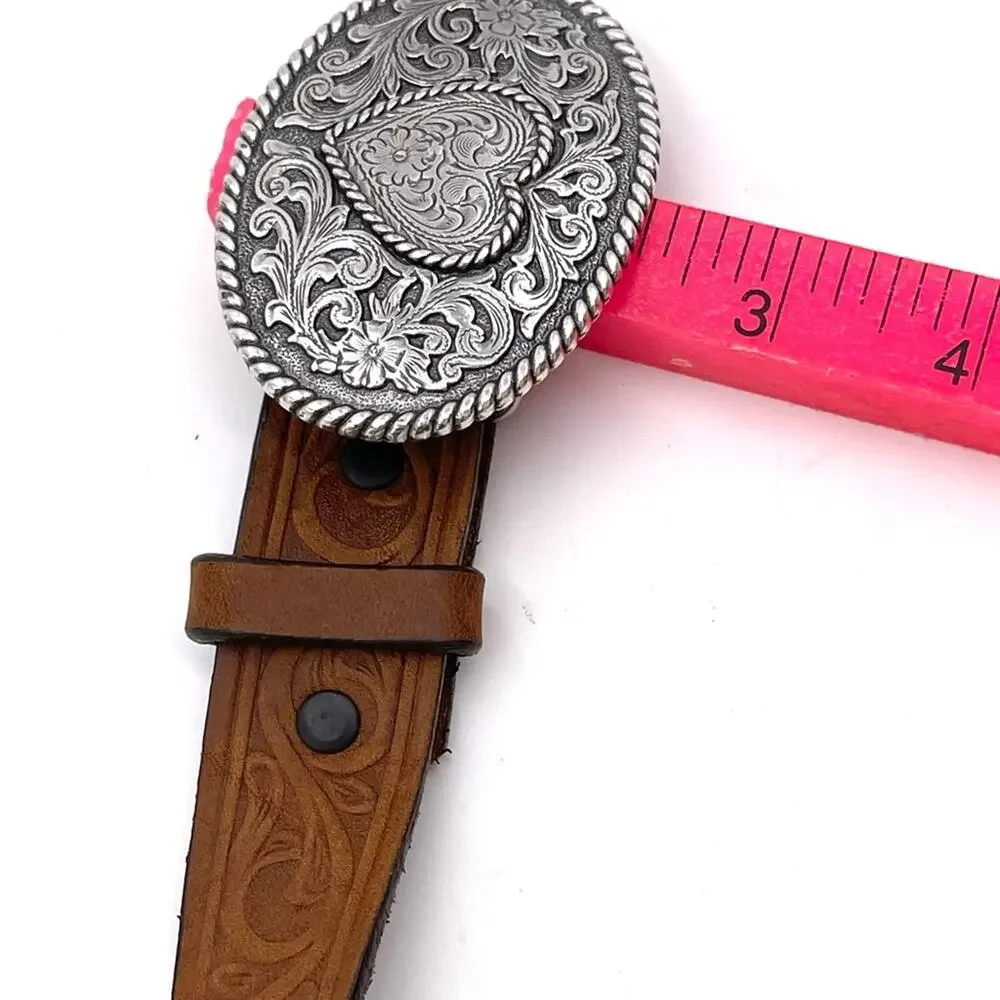 JUSTIN Western kids brown leather belt heart details on metal buckle size XS